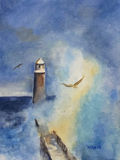Deborah Paige-Jackson – Misty Lighthouse, Sea and Birds