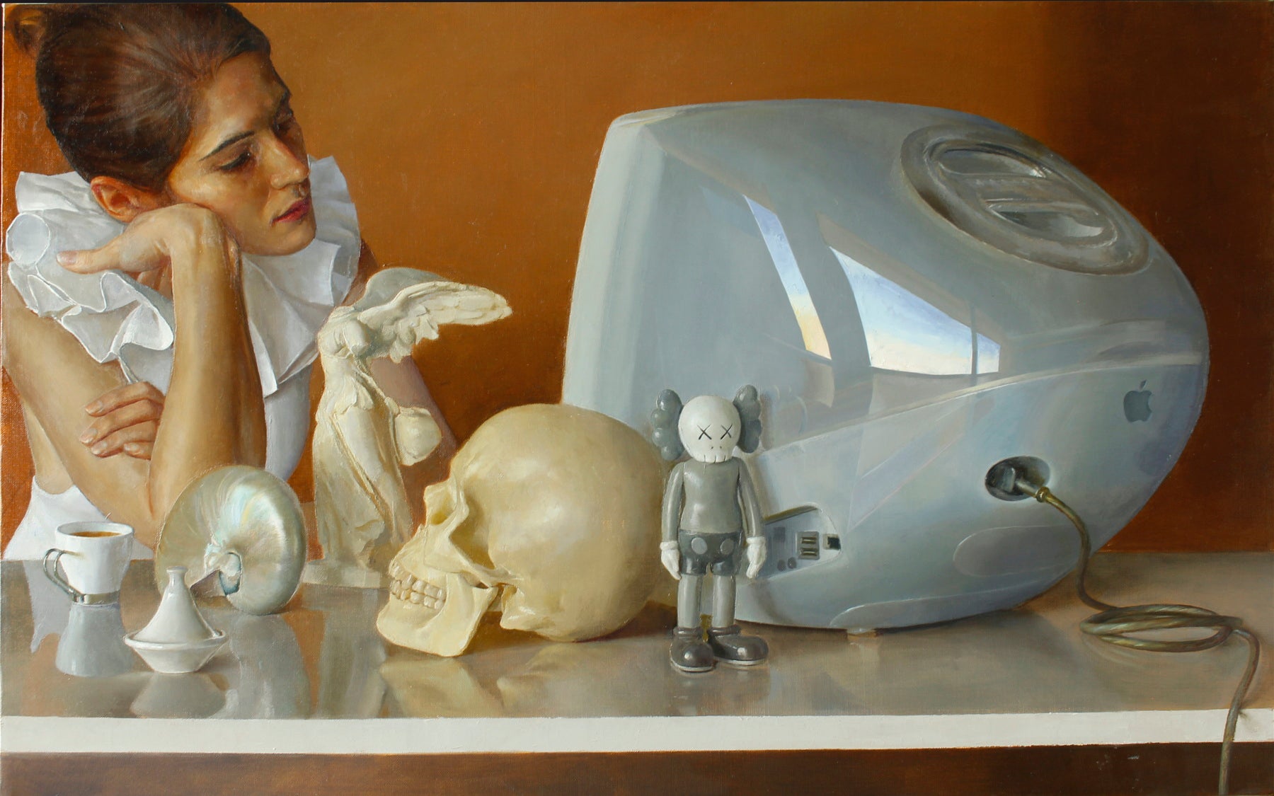 Andrew S. Conklin - Girl with White iMac, Skull and Kaws Doll